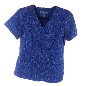 Grey's Anatomy Women's Scrub Top Size Small Navy Blue White Lines Swirls Art...